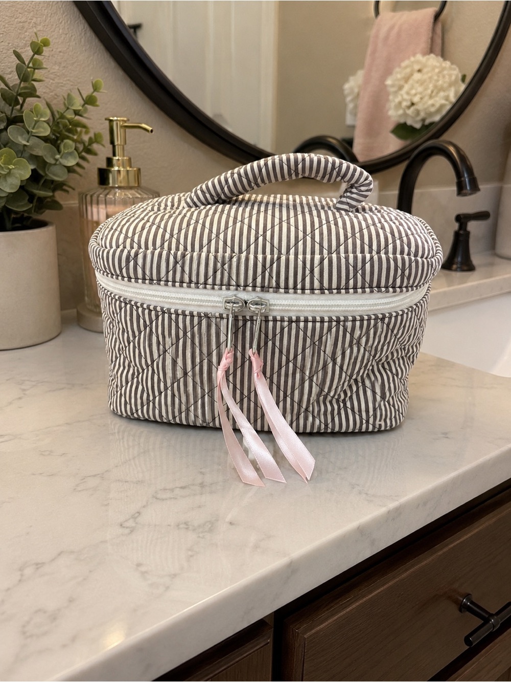 Gray Striped Quilted Cosmetic Case with Handle
